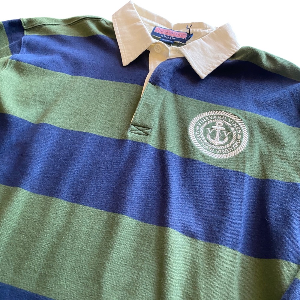 Vineyard Vines Polo Mens Large Striped Rugby Shirt Pine Green Navy Blue Preppy - Picture 2 of 7